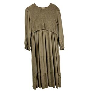 CzzzyL Smocked Tiered Nursing Maternity Dress Olive Green Long Sleeve  XL